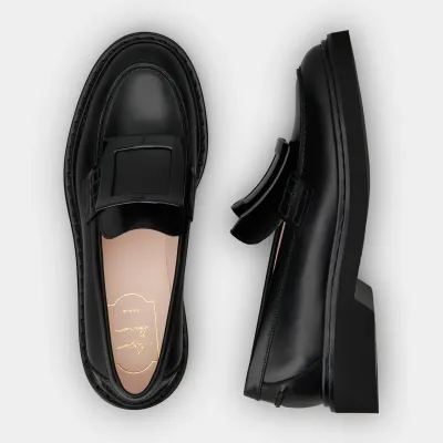 Roger Vivier Viv' Rangers Loafers In Black Leather With Lacquered Metal Buckle (Heel Height 2.5cm)
