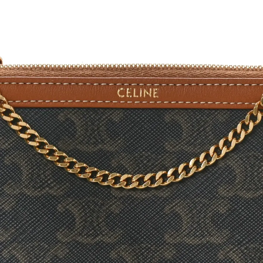 Celine Mini Clutch on Chain Tan Triomphe Canvas & Calfskin Leather Gold Hardware