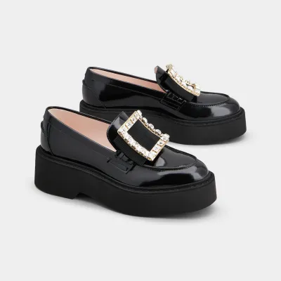 Roger Vivier Viv' Rangers Loafers In Black Patent Leather With Crystal Buckle (Heel Height 5.5cm)