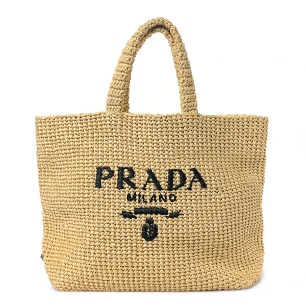 Prada Large Effect Crochet Embroidered Logo Tote Naturale Yarn Raffia