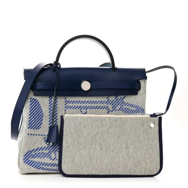 Hermès Brides de Gala Herbag Zip Retourne 31 PM Bleu de France / Ecru / Black Vache Hunter Leather & Toile H Palladium Silver Hardware - Image 2