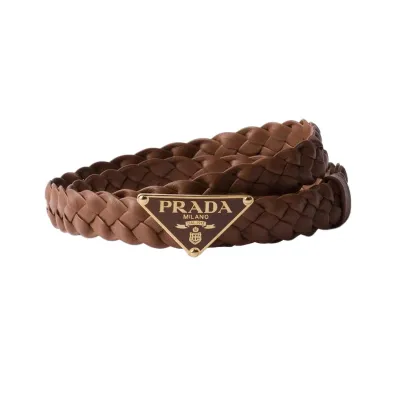 Prada Women' s Triangled Buckle Intrecciato Belt In Brown/Black Lambskin With Gold Hardware 25mm