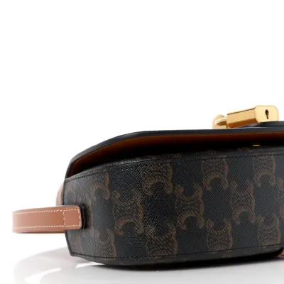 Celine Small Tabou Clutch on Strap Tan Triomphe Canvas & Calfskin Leather Gold Hardware