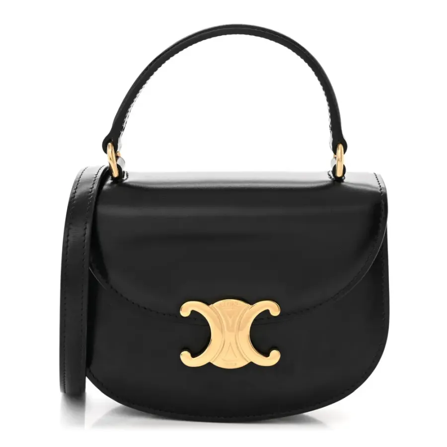 Celine Mini Besace Clea Triomphe Bag Black Shiny Calfskin Leather Gold Hardware