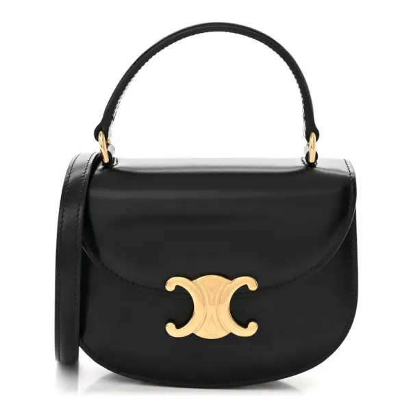 Celine Mini Besace Clea Triomphe Bag Black Shiny Calfskin Leather Gold Hardware