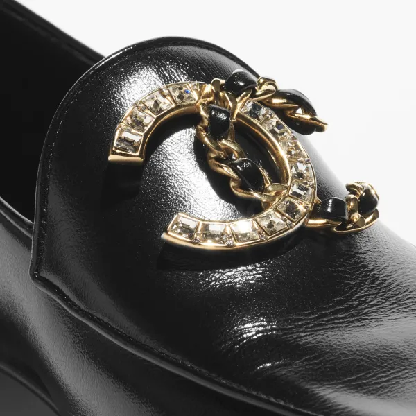 Chanel Black glossy calfskin, rhinestone and metal Loafers - Image 4