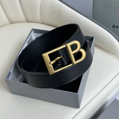 Balenciaga Men's Classic B Large Belt In Black Grained Calfskin With Gold/Silver Hardware 35mm