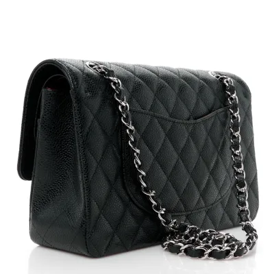 Chanel Double Flap Caviar Black  Silver Designer Handbags