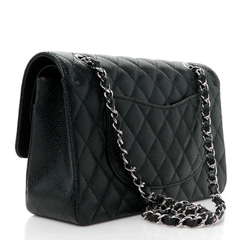 Chanel Double Flap Caviar Black  Silver Designer Handbags