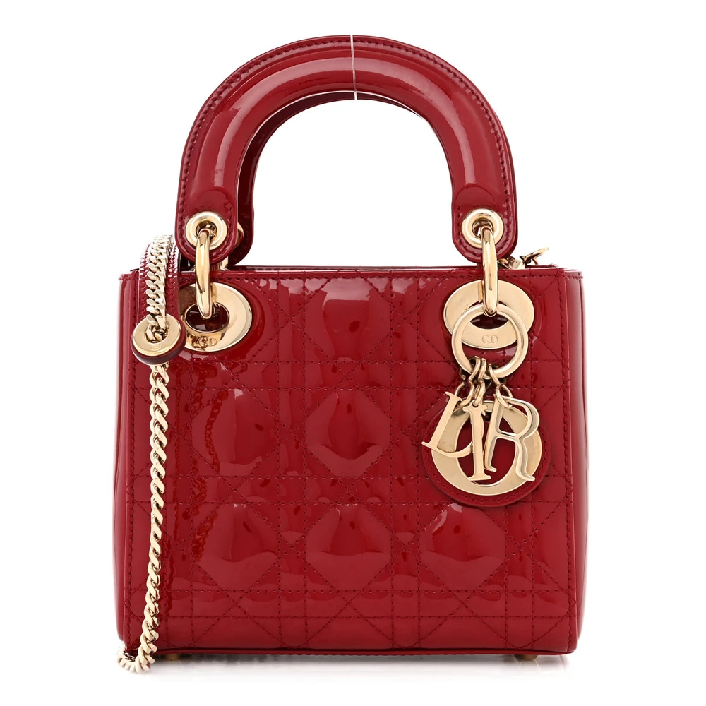 Dior Mini Lady Dior Vermelho Verniz Couro Bezerro Cannage Hardware Dourado