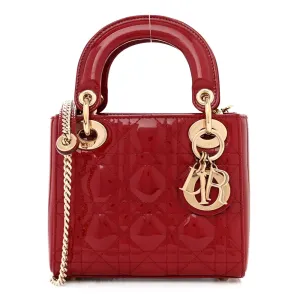 Dior Mini Lady Dior Red Patent Cannage Calfskin Leather Gold Hardware