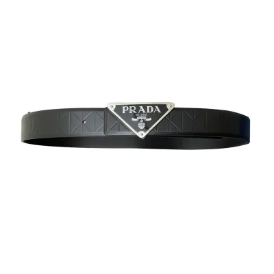 Prada Men' s Triangled Buckle Belt In Black Calfskin With Gold/Silver/Black Hardware 35mm