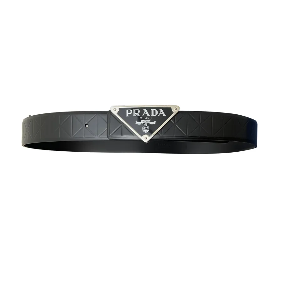 Prada Men' s Triangled Buckle Belt In Black Calfskin With Gold/Silver/Black Hardware 35mm