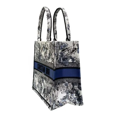 Dior Medium Dior Book Tote In White Embroidery with Denim Blue Dior Chardons Motif