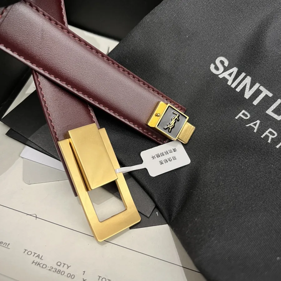Saint Laurent Charniere Buckle Belt In Black/Burgundy Smooth Calfskin With Gold Hardware 30mm
