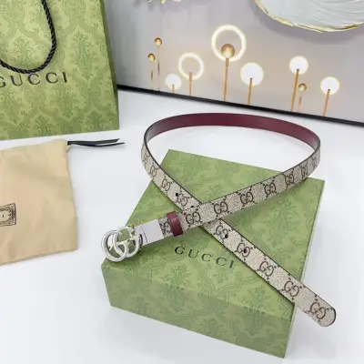 Gucci Women's GG Buckle Marmont Reversible Belt In Red Calfskin And Beige Canvas With Gold/Silver Hardware 20mm