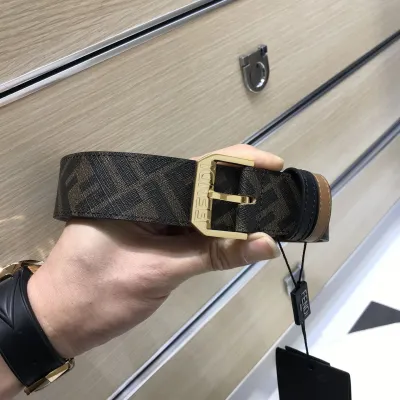 Fendi Men's Square Buckle Belt In Black/Brown Calfskin And Monogram Canvas With Gold/Silver Hardware 35mm