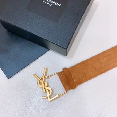 Saint Laurent Pairs Belt In Brown/Coffee Suede Leather With Gold/Silver Hardware 50mm