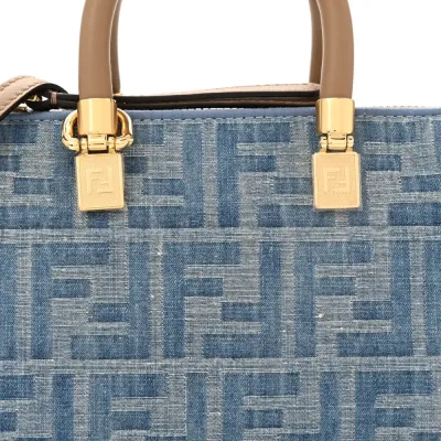 Fendi FF Mini By The Way Top Handle Boston Bag Tortora/Nuvola Denim & King Vitello Leather Gold Hardware