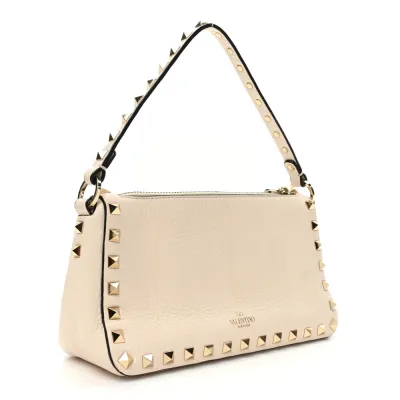 Valentino Garavani Small Rockstud Flip Lock Shoulder Bag Light Ivory Pebbled Calfskin Leather Light Gold Hardware
