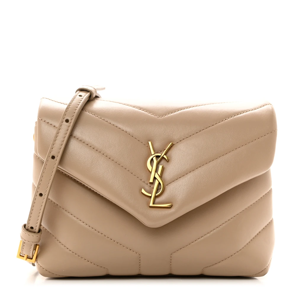 Saint Laurent Mini Loulou Crossbody Bag Dark Beige Y-Acetinado Monograma em Couro de Bezerro Hardware Envelhecido Dourado