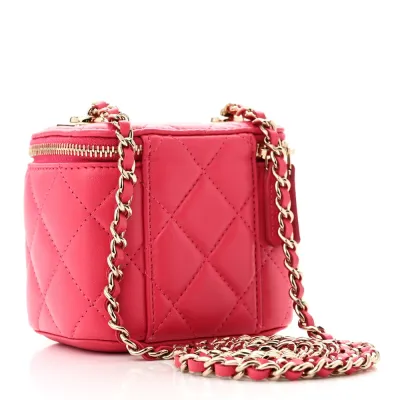 Chanel Trendy Mini Vanity Case With Chain Dark Pink Quilted Lambskin Leather Gold Hardware