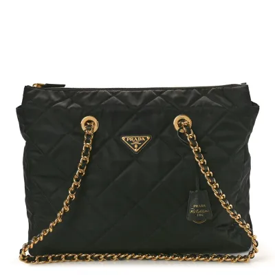 Prada Large Impuntu Triangle Stitched Re-Edition 1995 Chaine Shoulder Bag Black Re-Nylon & Saffiano Leather