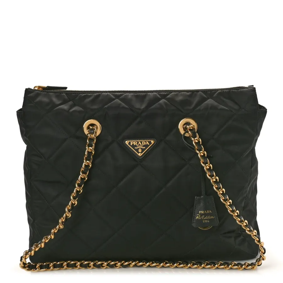 Prada Large Impuntu Triangle Stitched Re-Edition 1995 Chaine Shoulder Bag Black Re-Nylon & Saffiano Leather