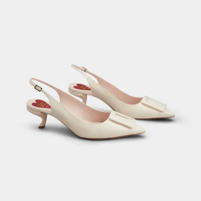 Roger Vivier Virgule Slingback Pumps High Heels In White Patent Leather With Lacquered Metal Buckle (Heel Height 5.5cm)