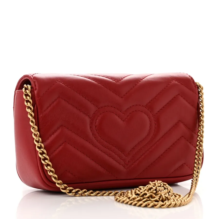 Gucci Super Mini GG Marmont Shoulder Bag Hibiscus Red Calfskin Matelassé Leather Gold Hardware