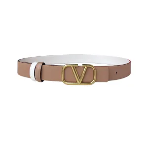 Valentino V Buckle Reversible Belt In Nude/Black/White Calfskin With Gold/Silver Hardware 30mm