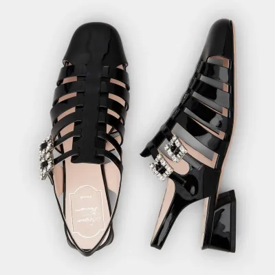 Roger Vivier Très Vivier Sandals In Black Patent Leather With Crystal Buckle (Heel Height 4.5cm)