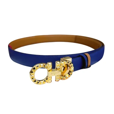 Ferragamo Women's Double Gancini Reversible Belt In Blue/Pink/Red/Purple/Black/Brown/White/Navy Blue Calfskin With Gold/Silver Hardware 25mm