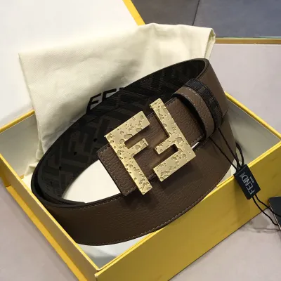 Fendi Men's Squared FF Reversible Belt In Black/Brown Calfskin And White/Brown Monogram Canvas With Gold/Silver Hardware 38mm