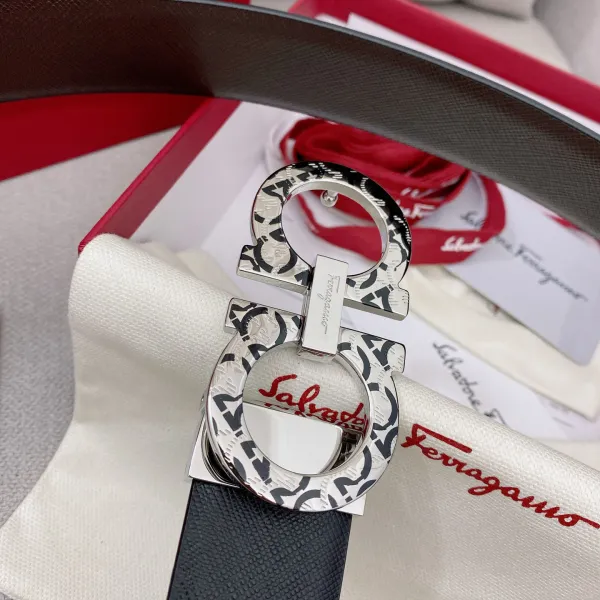 Ferragamo Men's Double Gancini Buckle Belt In Black/Coffee Grained Calfskin With Silver Hardware 35mm - Image 6