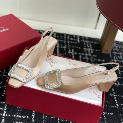 Roger Vivier Belle Viver Slingback Pumps High Heels In Red/Beige Satin With Crystal Buckle (Heel Height 4.5cm)