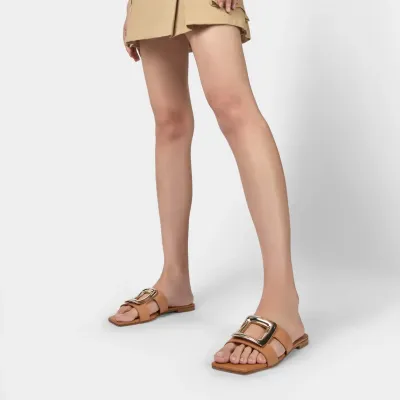 Roger Vivier Viv' By The Sea Mules Flats In Orange Leather With Metal Buckle