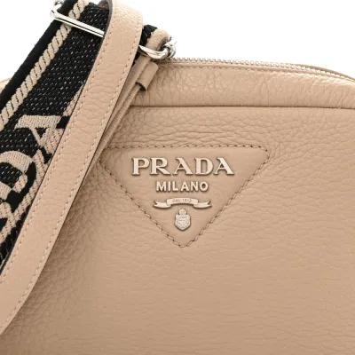 Prada Small Camera Crossbody Bag Sand Vitello Daino Leather Silver Hardware