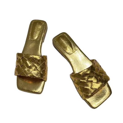 Bottega Veneta Parco Mule In Silver/Gold Intrecciato Leather Flat Mule Sandal