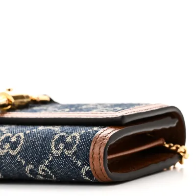 Gucci Small Jackie 1961 Chain Wallet Blue Tea Calfskin Leather & GG Monogram New Denim Gold Hardware