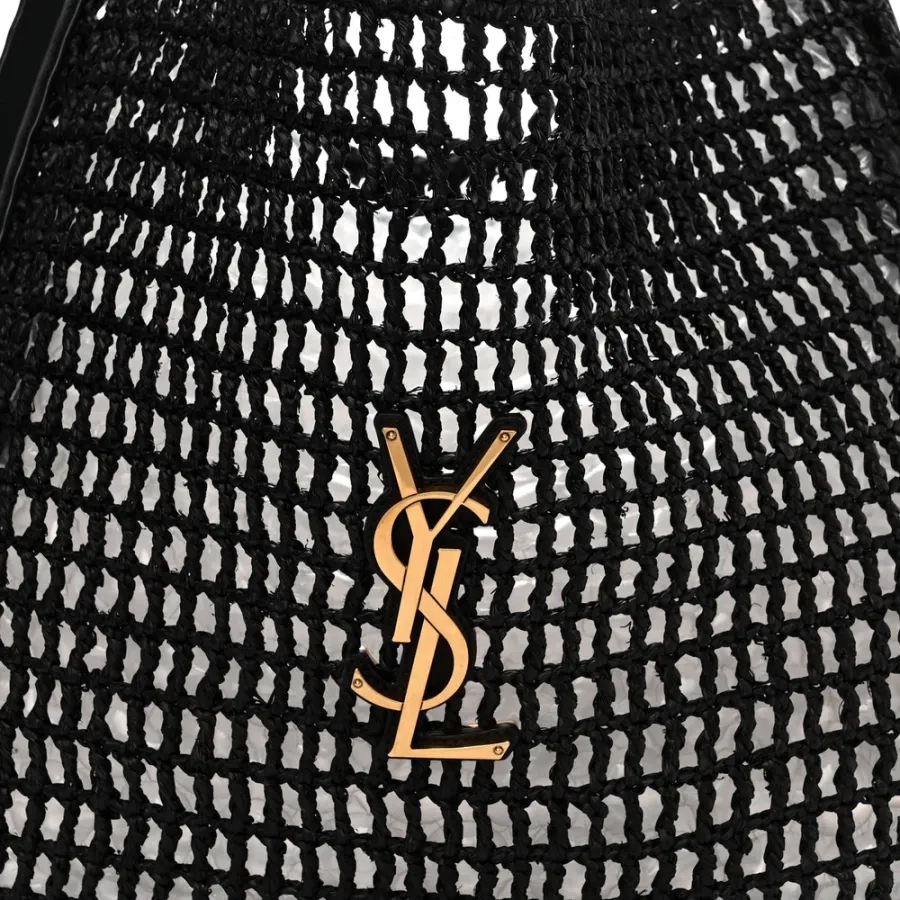 Saint Laurent Medium Oxalis Shoulder Bag Black Raffia & Calfskin Leather Gold Hardware