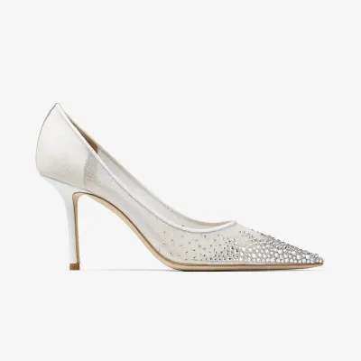 JIMMY CHOO Gradient crystal embellished white mesh fabric pointy heels