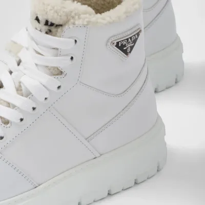PRADA White leather and sheepskin high-top sneakers