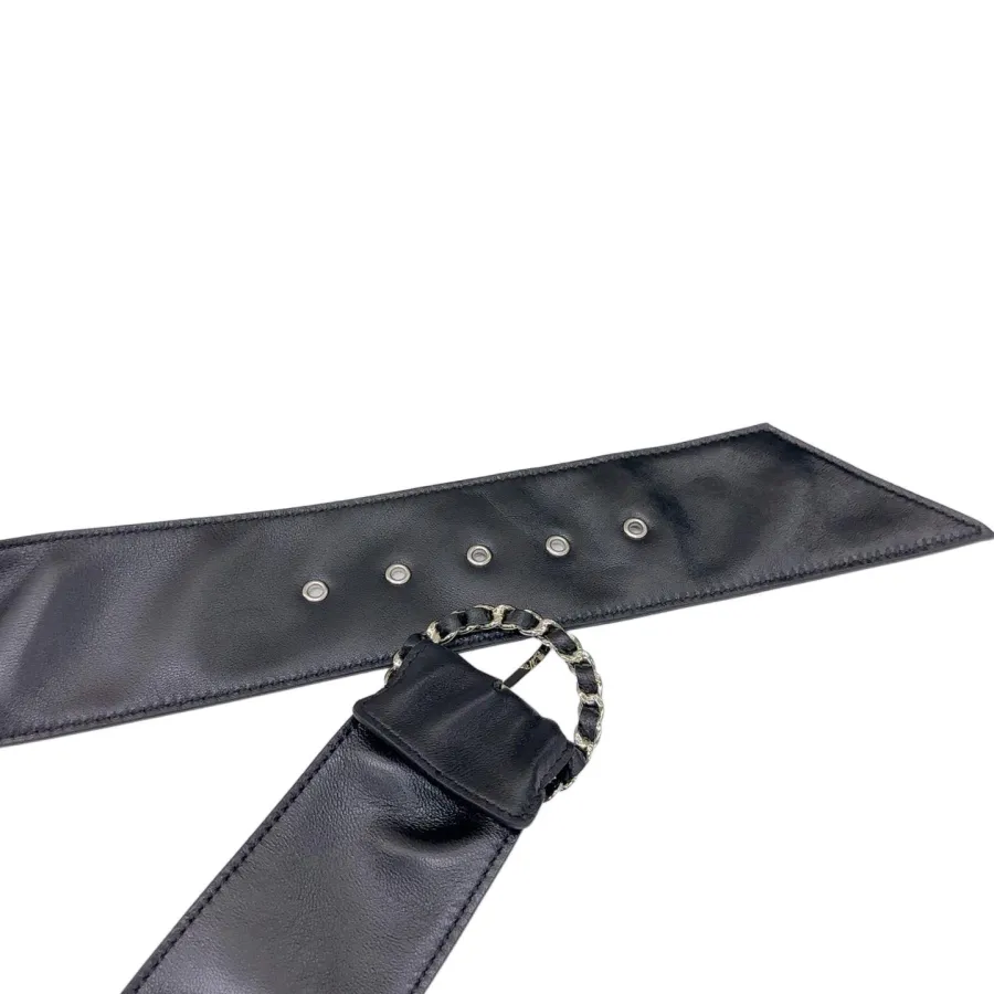 Chanel Women's Round Buckle Belt In Black Lambkin With Gold Hardware 50mm