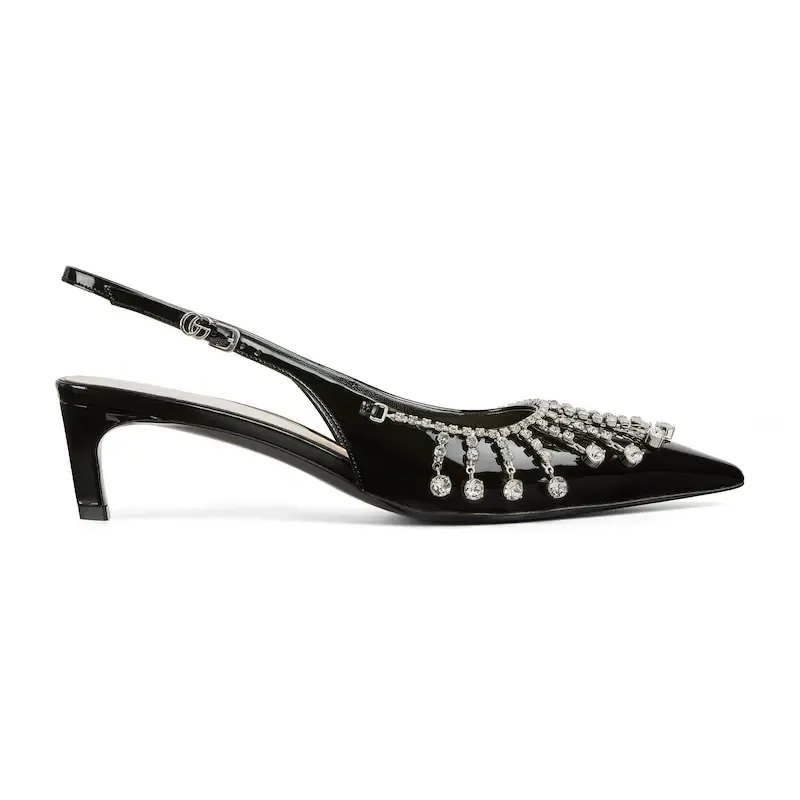 Gucci black pointed heels crystal high heels shoes Rear lace up high heels