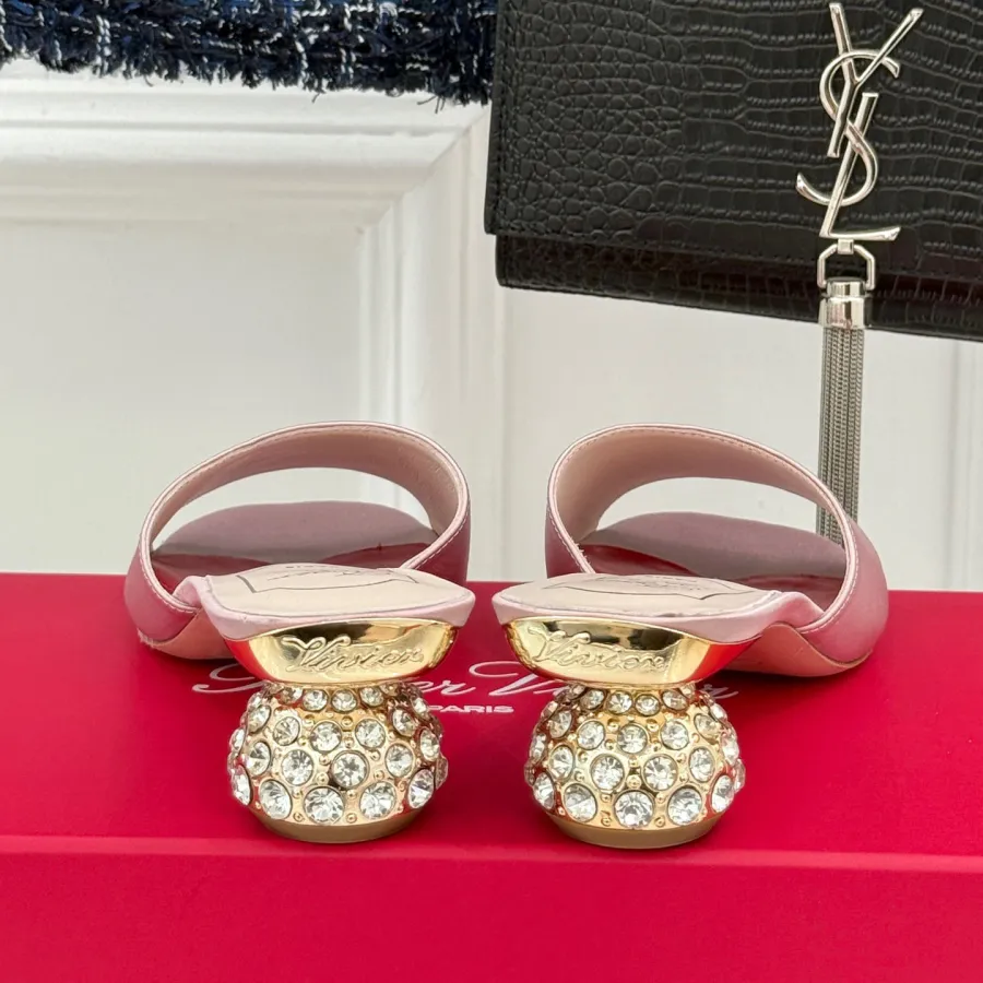 Roger Vivier Mules Sandals In Black/White/Pink Satin Crystal Heels (Heel Height 4cm)