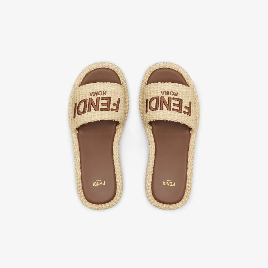 FENDI Beige cotton platform sandals slippers