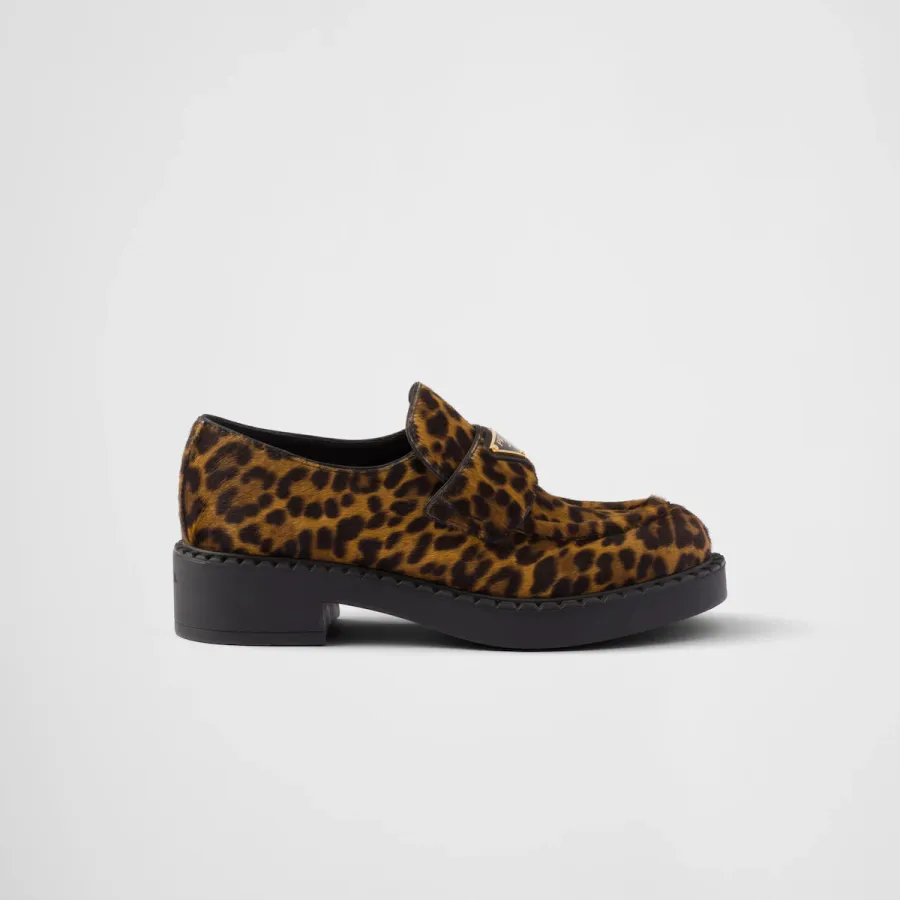 PRADA Honey colored Chocolate printed leather Loafers