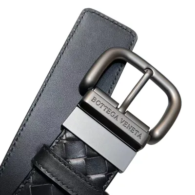 Bottega Veneta Men's Square Buckle Intrecciato Belt In Black/Coffee/Blue/Dark Grey Calfskin With Gun Black Hardware 40mm