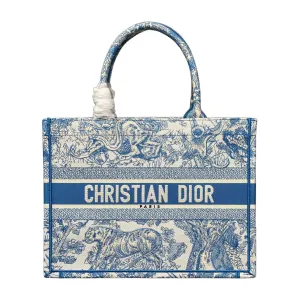 Dior Medium Dior Book Tote In White and Blue/Yarrow Pink/Green/Pink Toile de Jouy Sauvage Embroidery